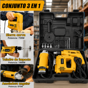 Kit Taladro y Amoladora en Oferta Relámpago 3 en 1: Taladro de Impacto 850W, Amoladora 900W y Sierra Caladora 750W con Maletín Profesional